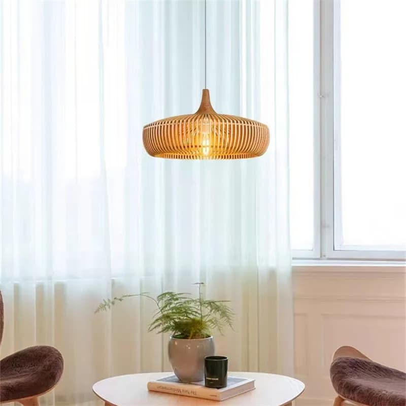 Retro rounded wood pendant light – shown in a room setting