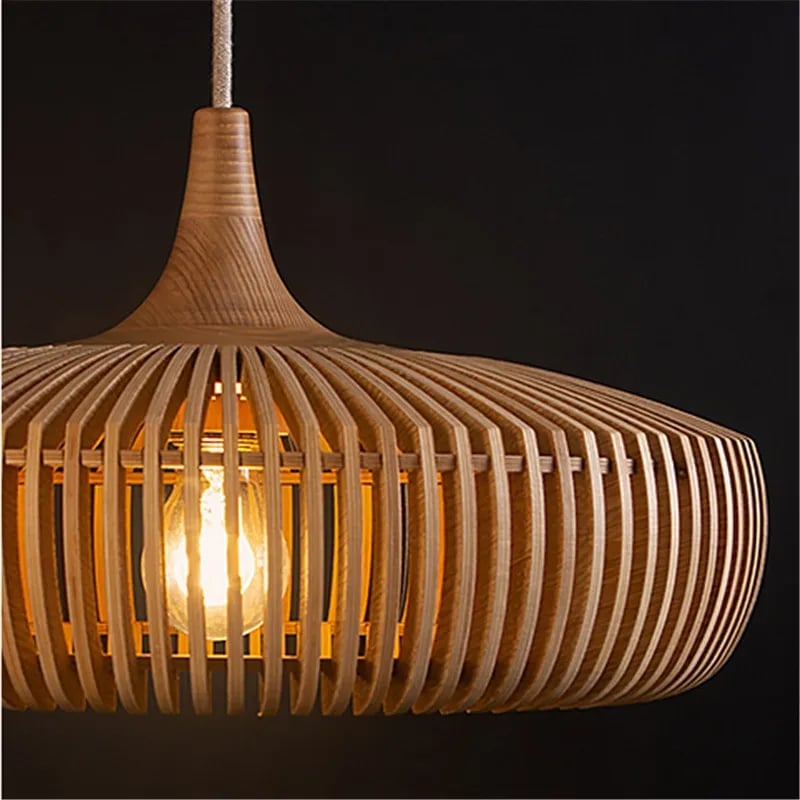 Retro rounded wood pendant light – shown lit