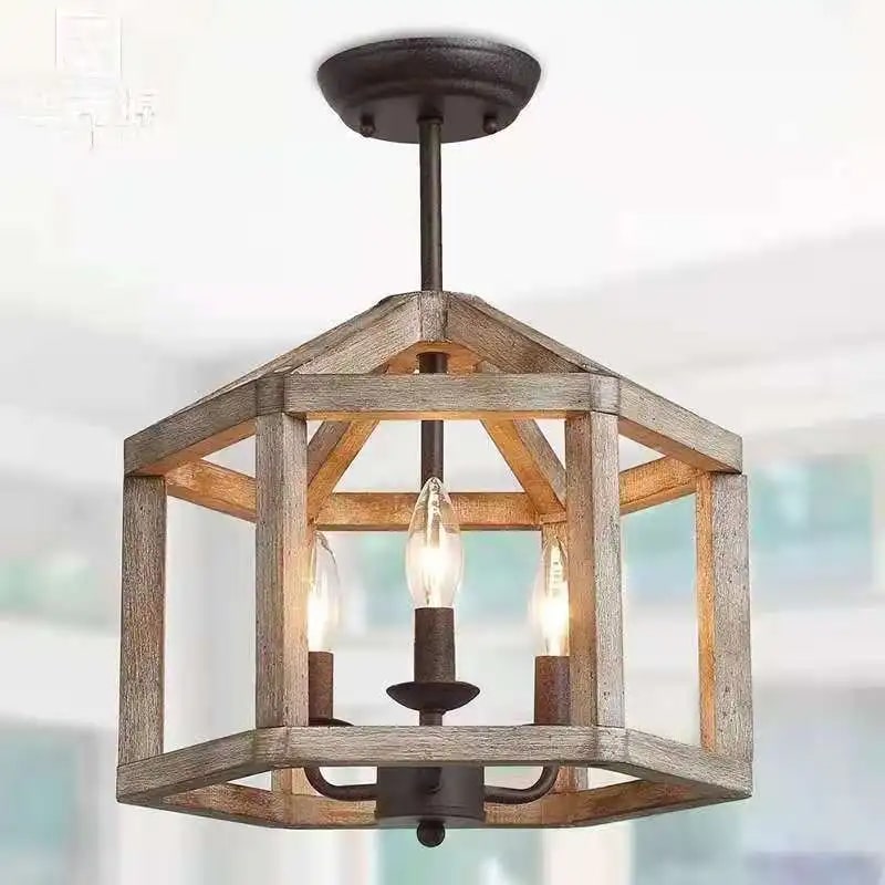 Vintage wood shade and raw metal pendant light – another view