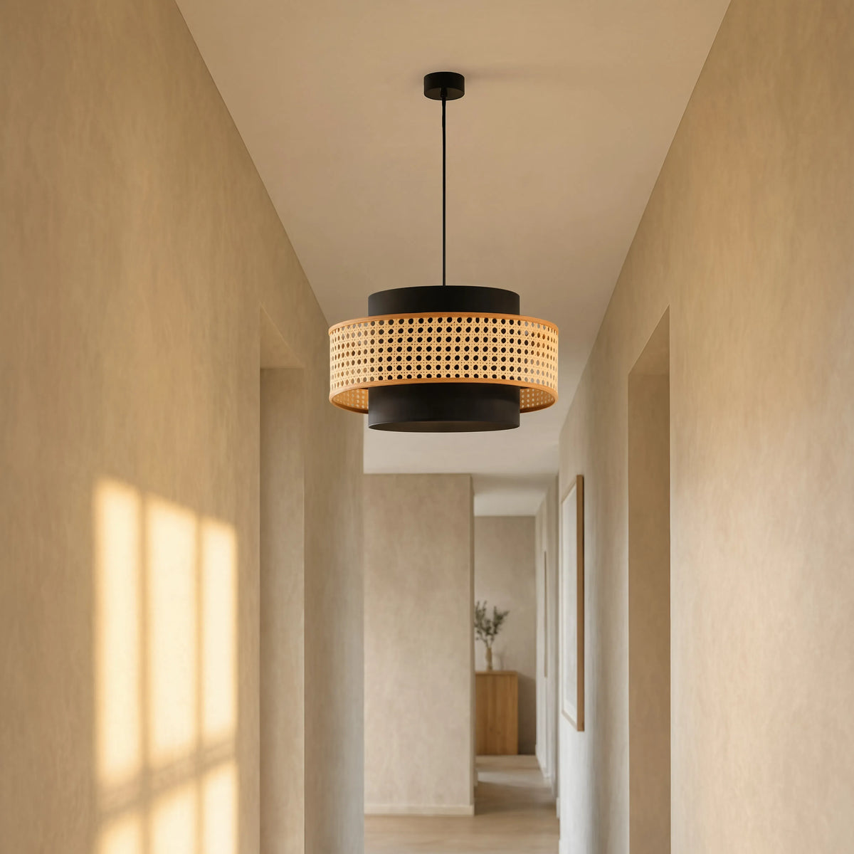 Otrante rattan cane drum pendant light – shown in an entryway