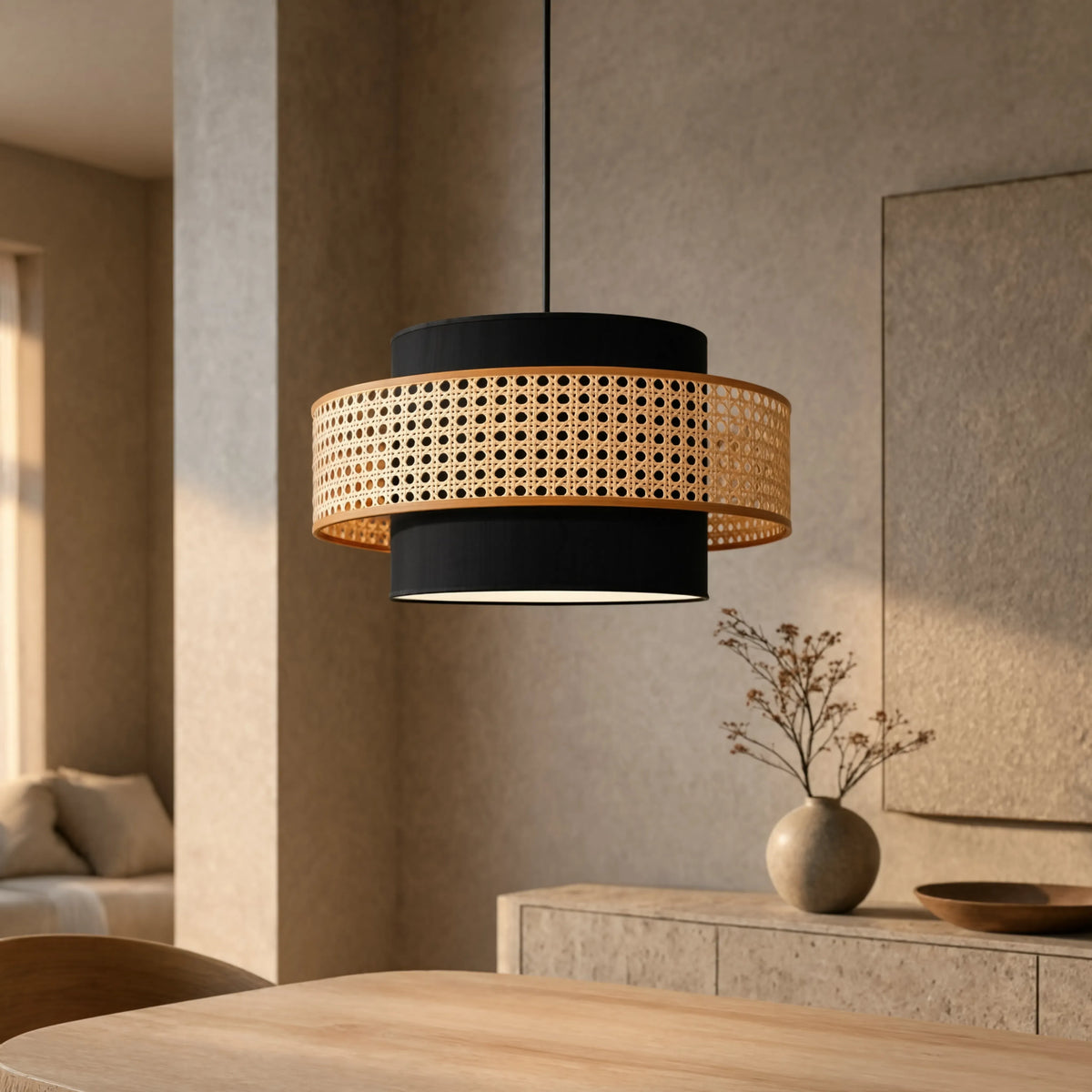 Otrante rattan cane drum pendant light – shown in a dining room (4)