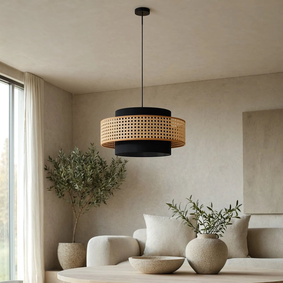 Otrante rattan cane drum pendant light – shown in a living room (3)