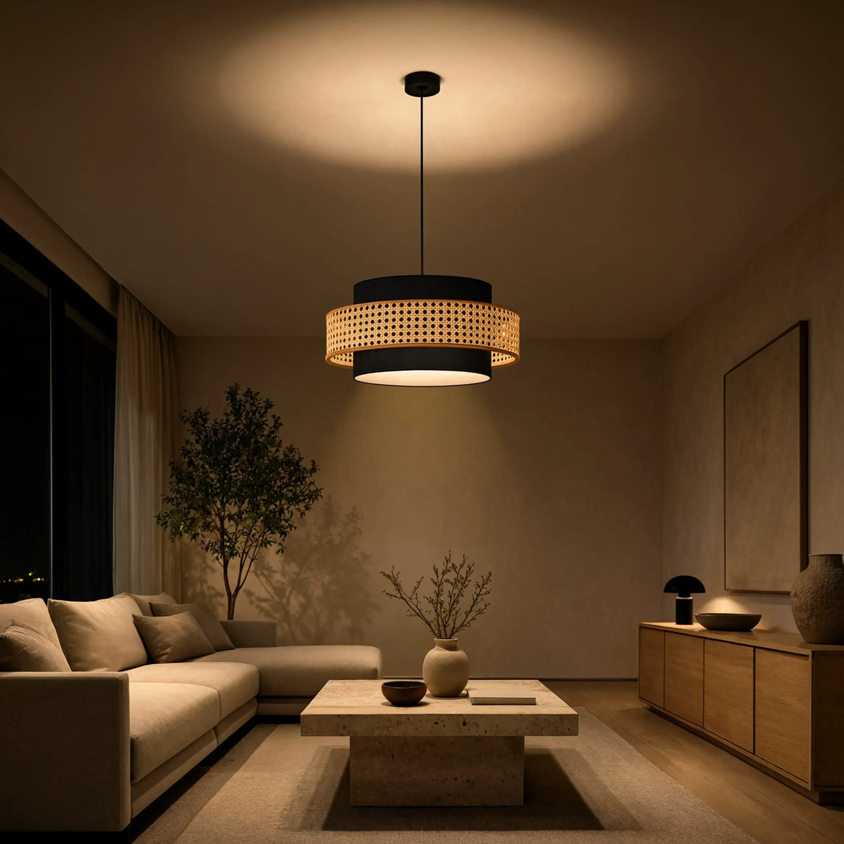Otrante rattan cane drum pendant light – shown in a living room (2)