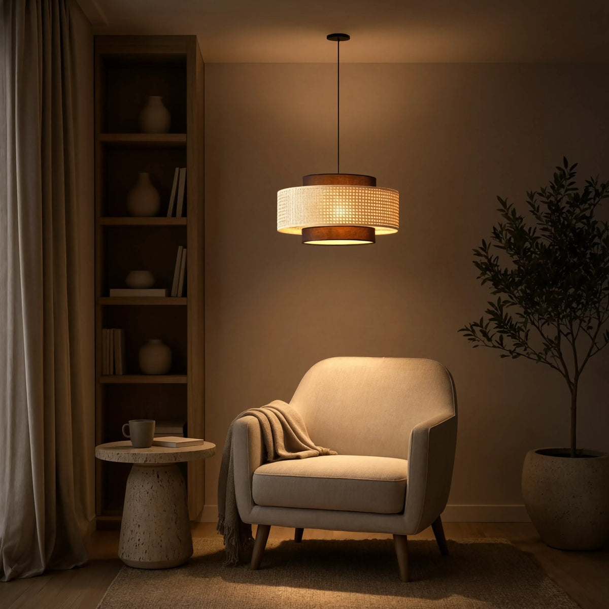 Otrante rattan cane drum pendant light – shown in a room setting