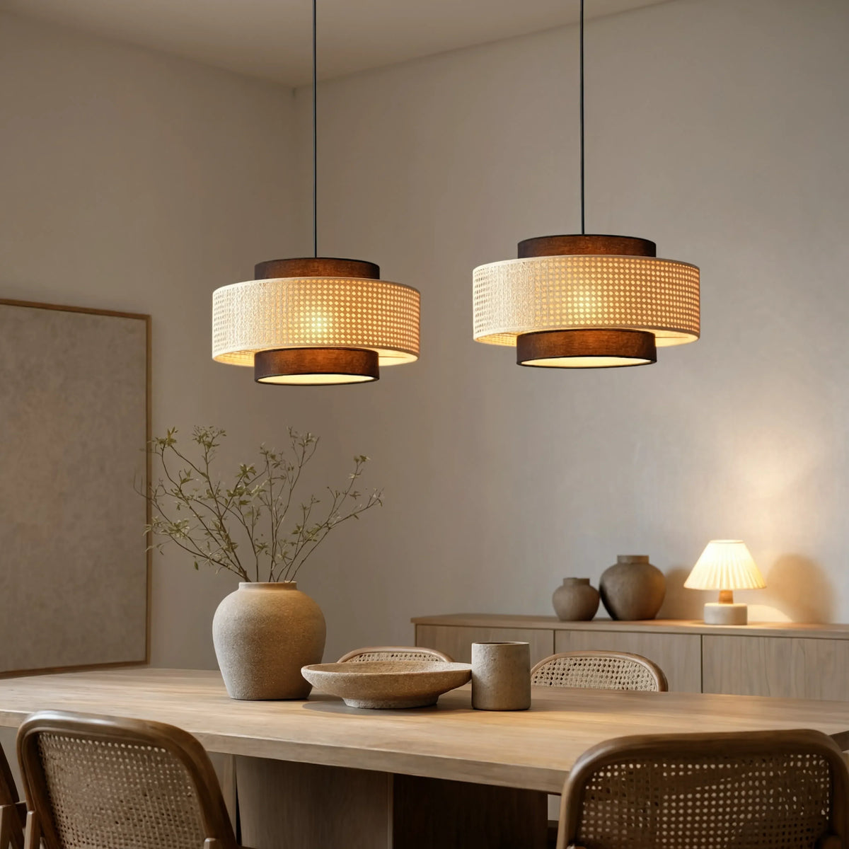 Otrante rattan cane drum pendant light – shown in a dining room (2)