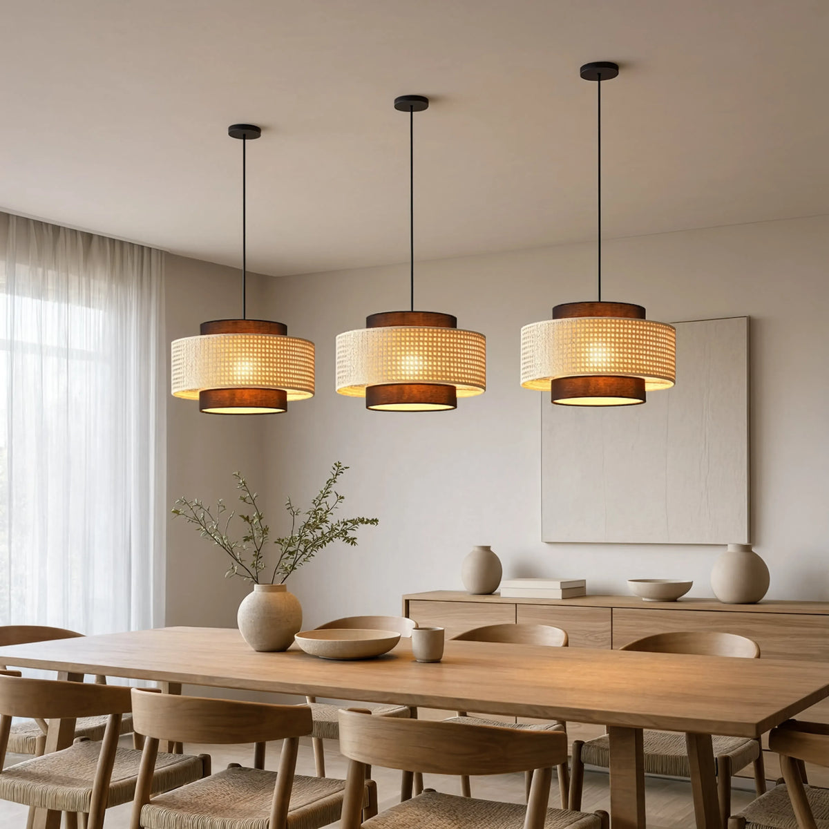 Otrante rattan cane drum pendant light – shown in a dining room