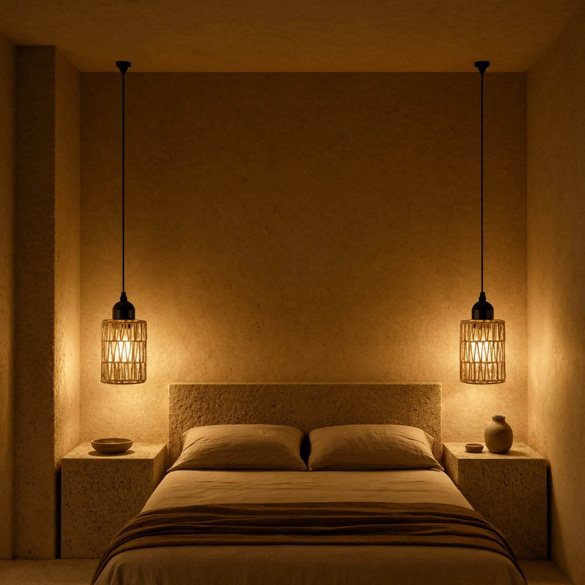 Tinos small jute rope pendant light – shown in a bedroom (3)
