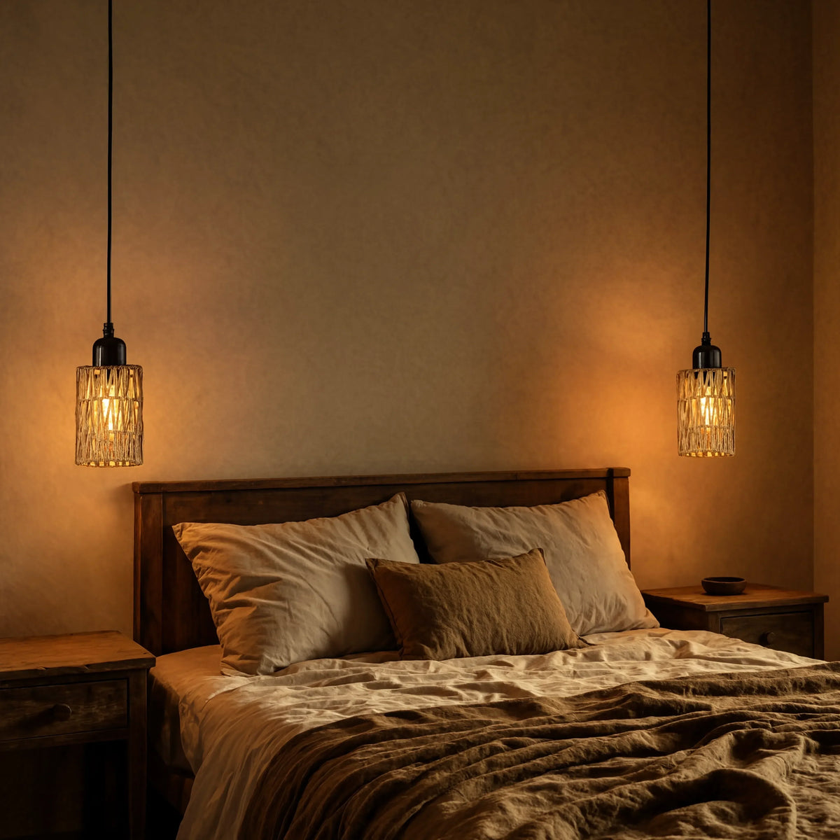 Tinos small jute rope pendant light – shown in a bedroom