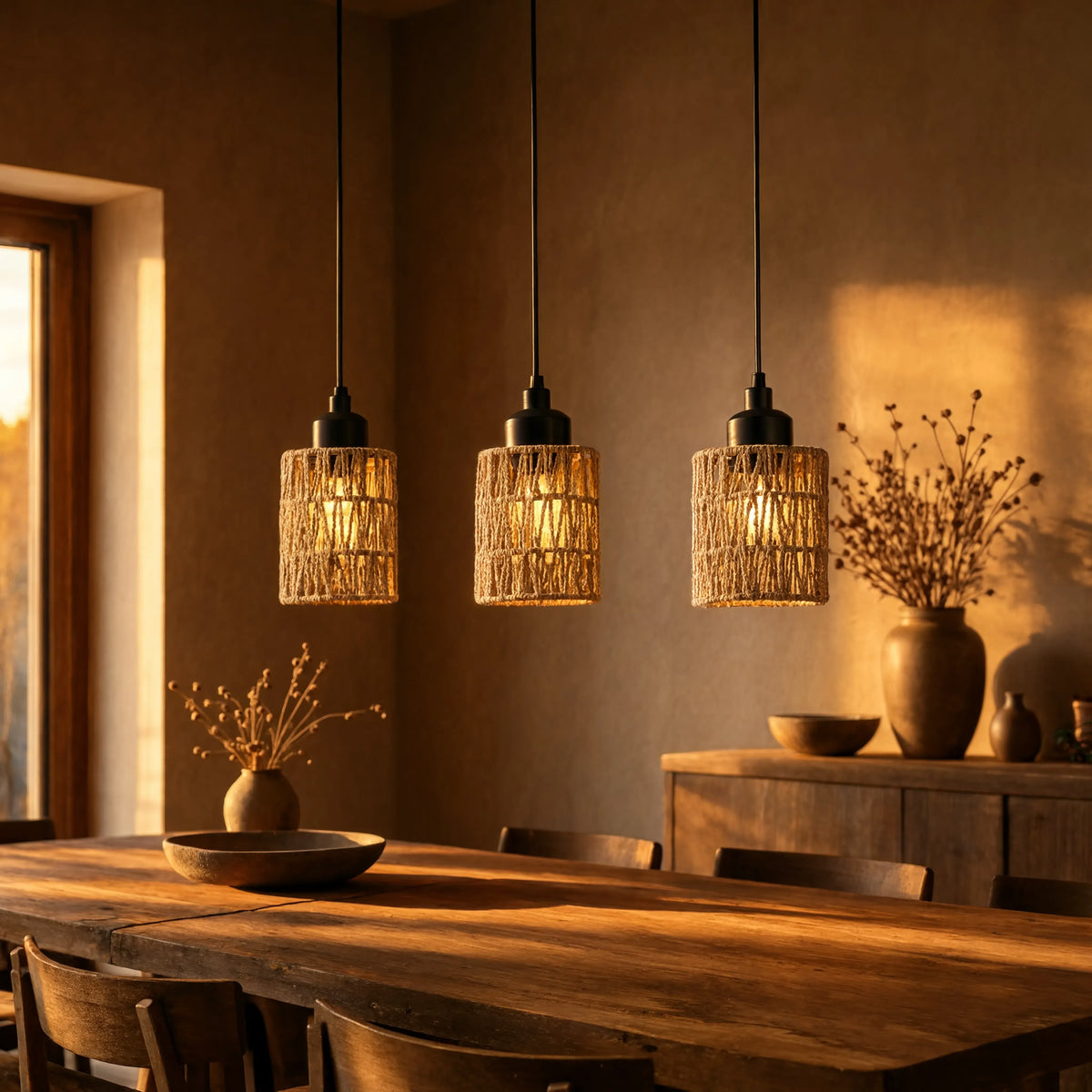 Tinos small jute rope pendant light – shown in a dining room
