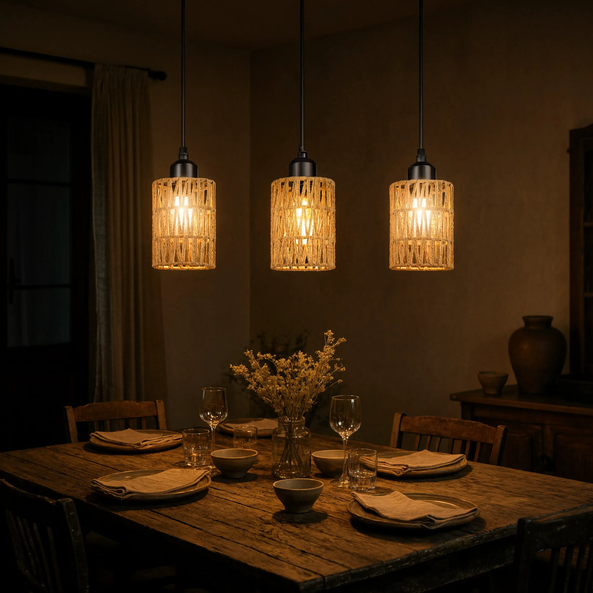 Tinos small jute rope pendant light – shown in a dining room (2)