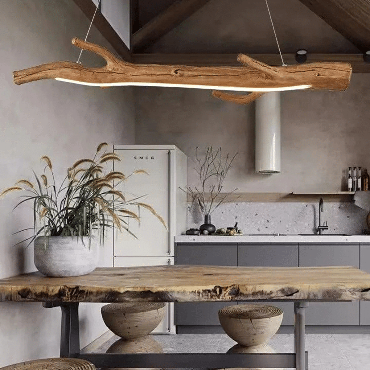 Driftwood-look resin LED pendant light – shown in a room setting