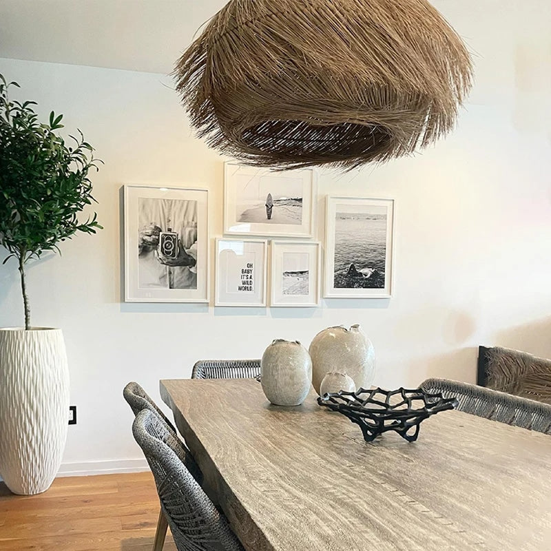 Straw-look woven pendant light with three LEDs – shown in a room setting (2)
