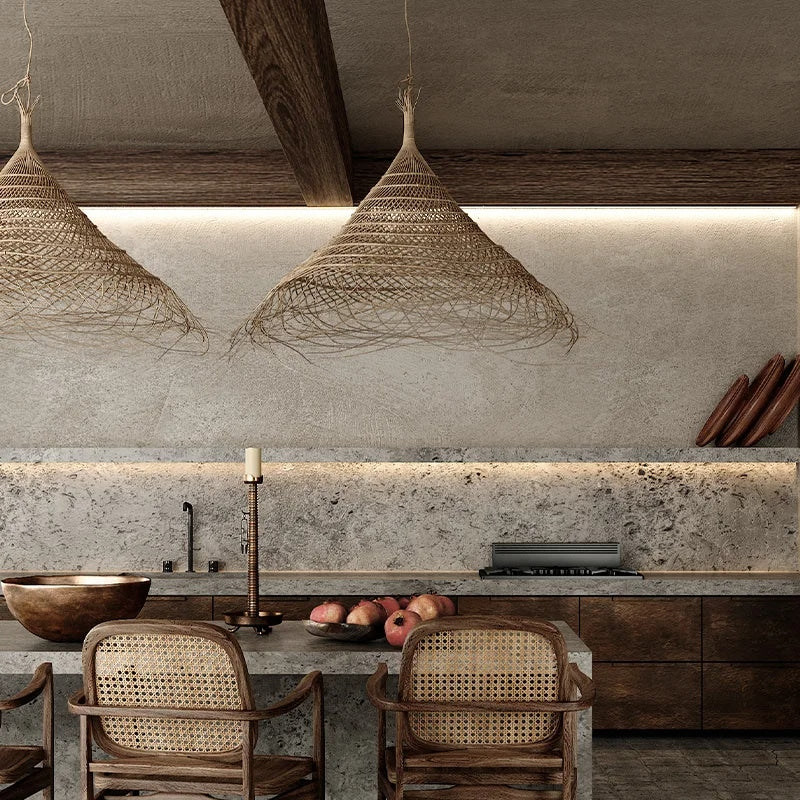 Straw-look round woven bamboo LED chandelier – shown in a room setting