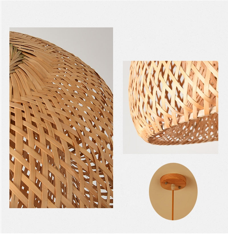 Three-shade handwoven rattan pendant light – multiple views