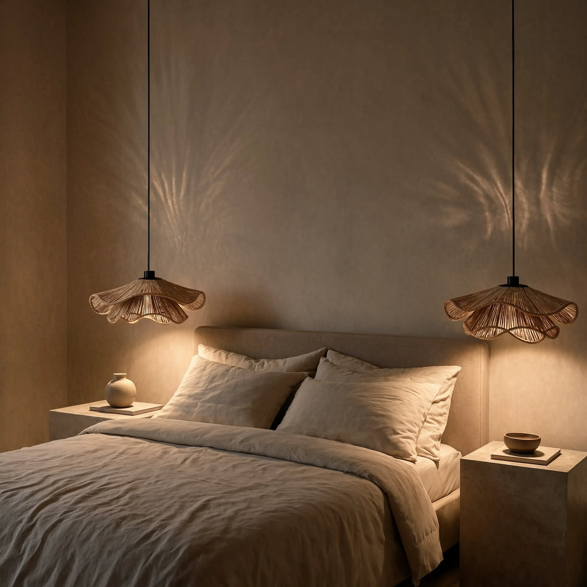 Naxos double jute rope pendant light – shown in a bedroom (2)