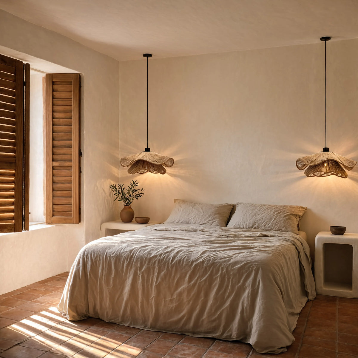 Naxos double jute rope pendant light – shown in a bedroom