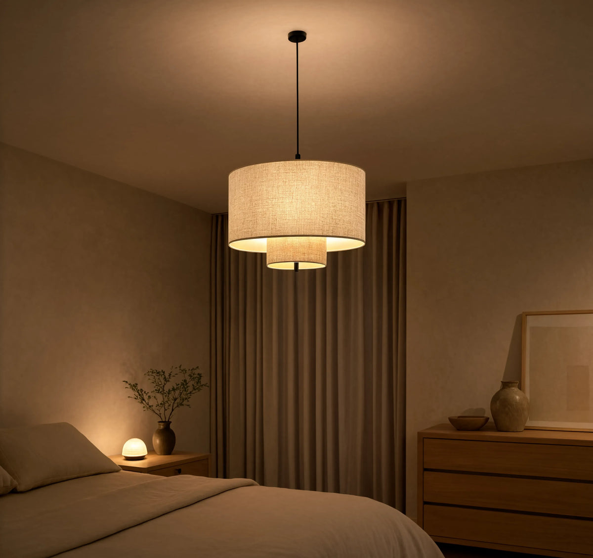 Positano double drum beige fabric pendant light – shown in a bedroom