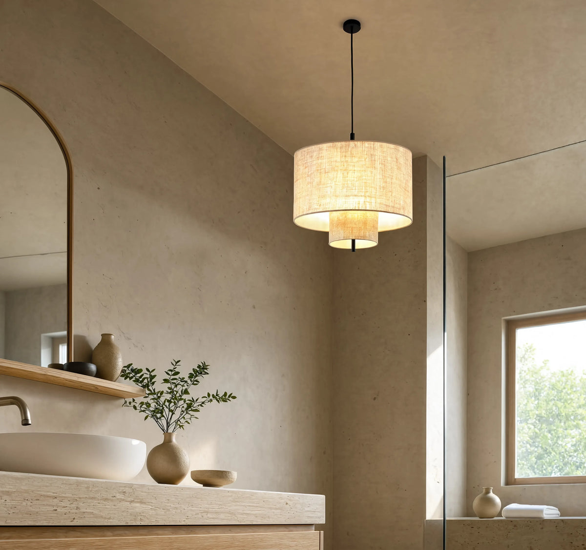 Positano double drum beige fabric pendant light – shown in a bathroom