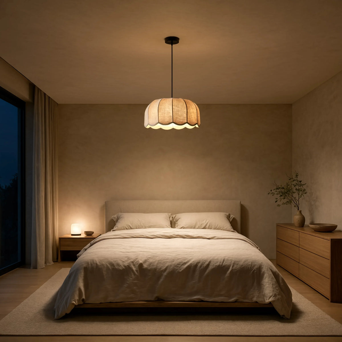 Ischia scalloped ecru fabric pendant light – shown in a bedroom (2)