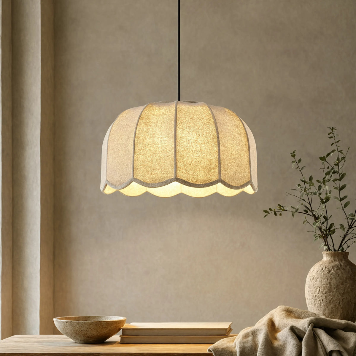 Ischia scalloped ecru fabric pendant light – shown in a room setting (2)