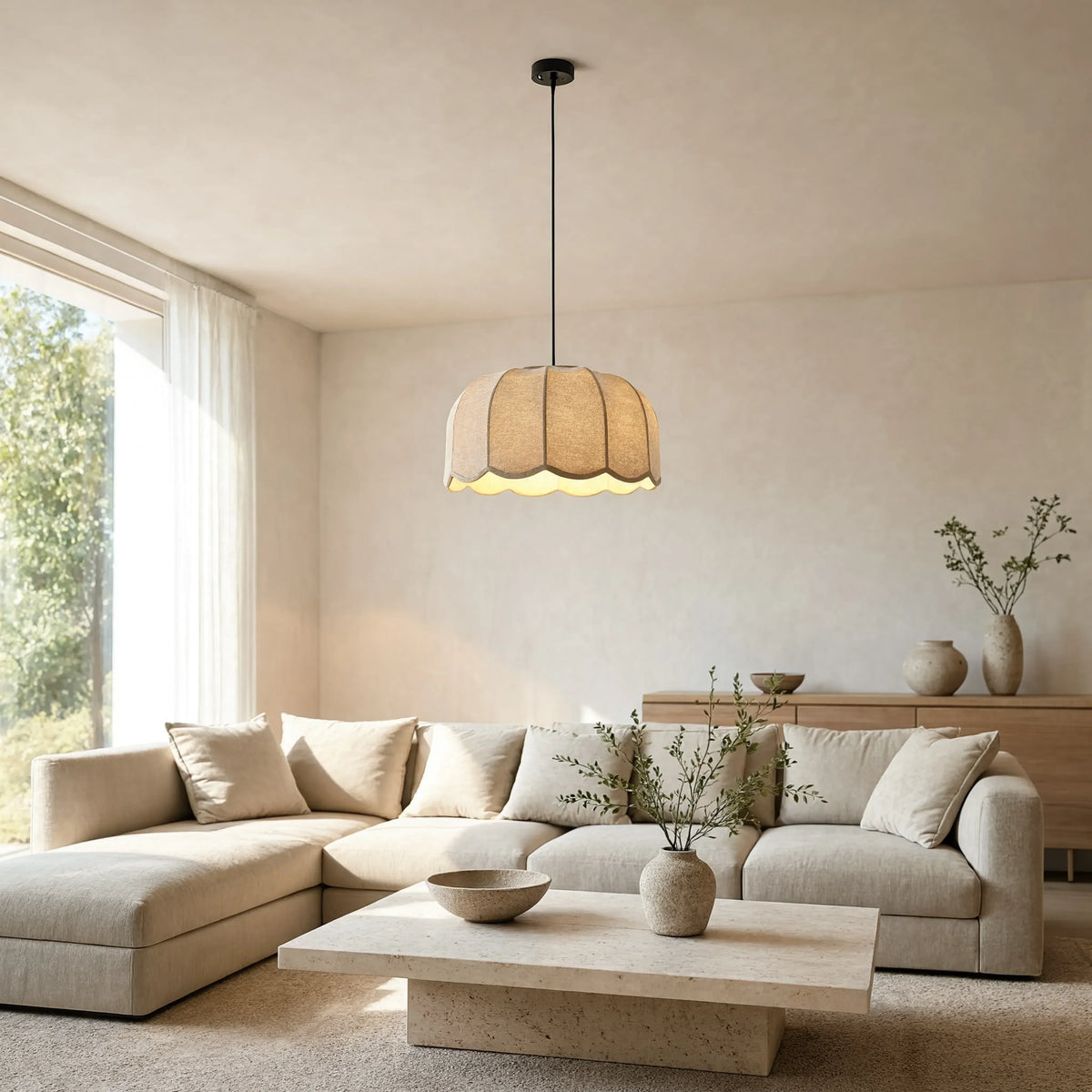 Ischia scalloped ecru fabric pendant light – shown in a living room