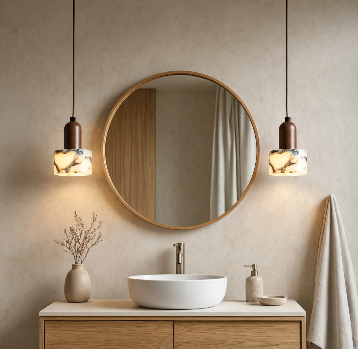 Himère marble and dark wood pendant light – shown in a bathroom