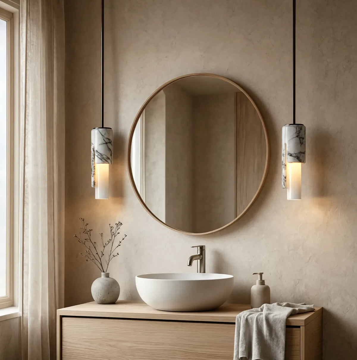 Syracuse marble column pendant light – shown in a bathroom