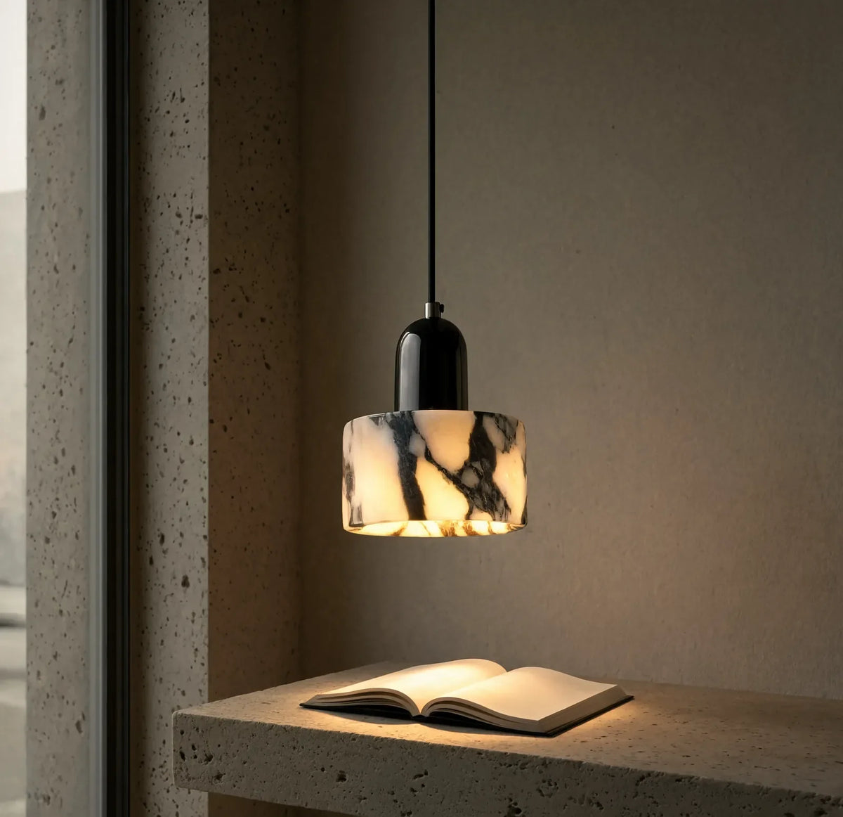 Crotone white marble drum pendant light – shown in a room setting