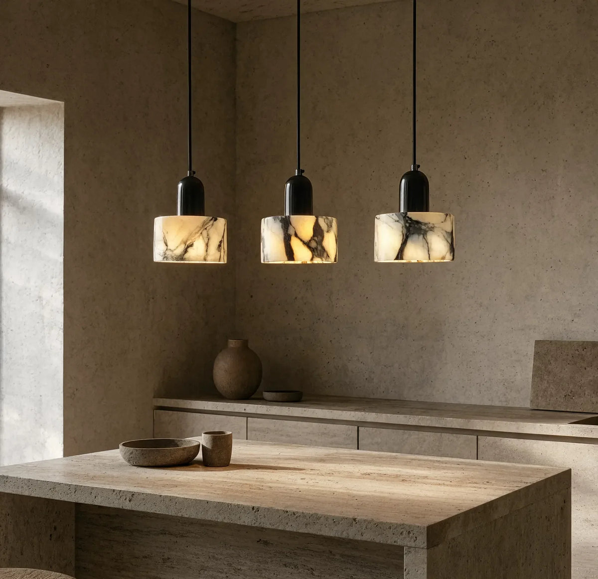 Crotone white marble drum pendant light – shown in a kitchen