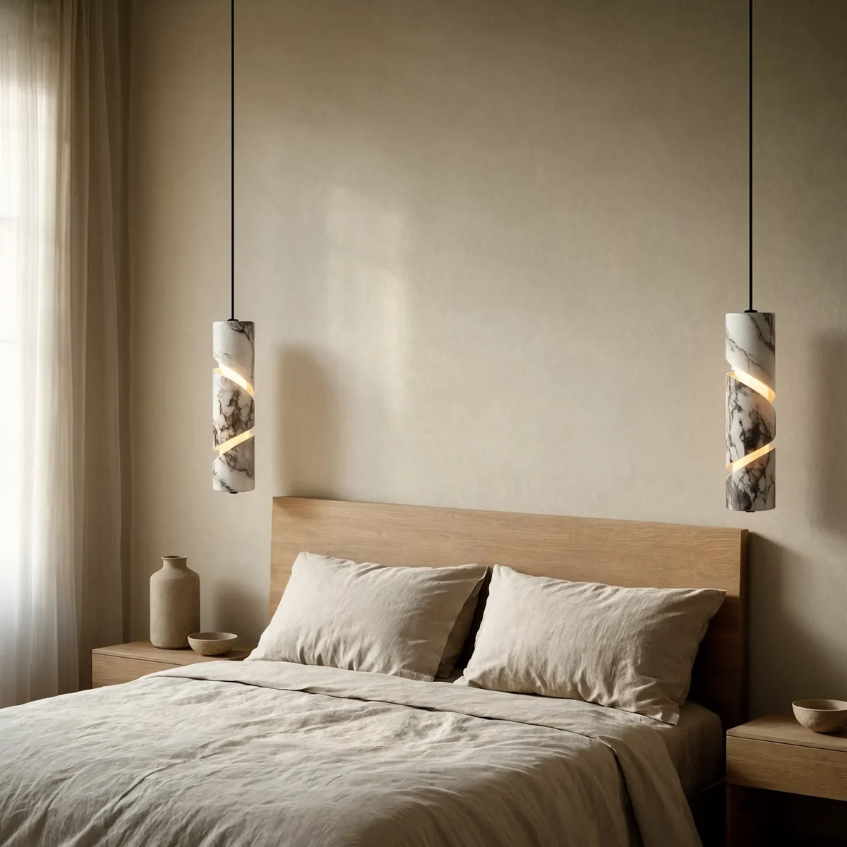 Solonte plum-veined marble cylinder pendant light – shown in a bedroom