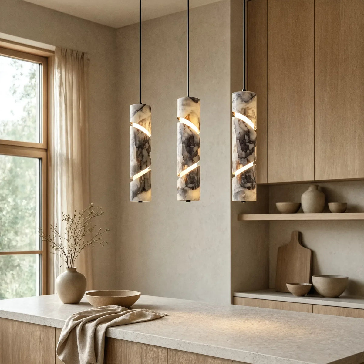 Solonte plum-veined marble cylinder pendant light – shown in a kitchen