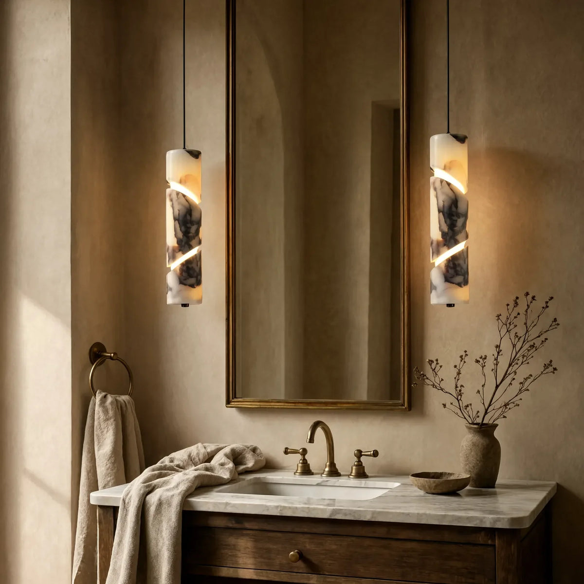 Solonte plum-veined marble cylinder pendant light – shown in a bathroom