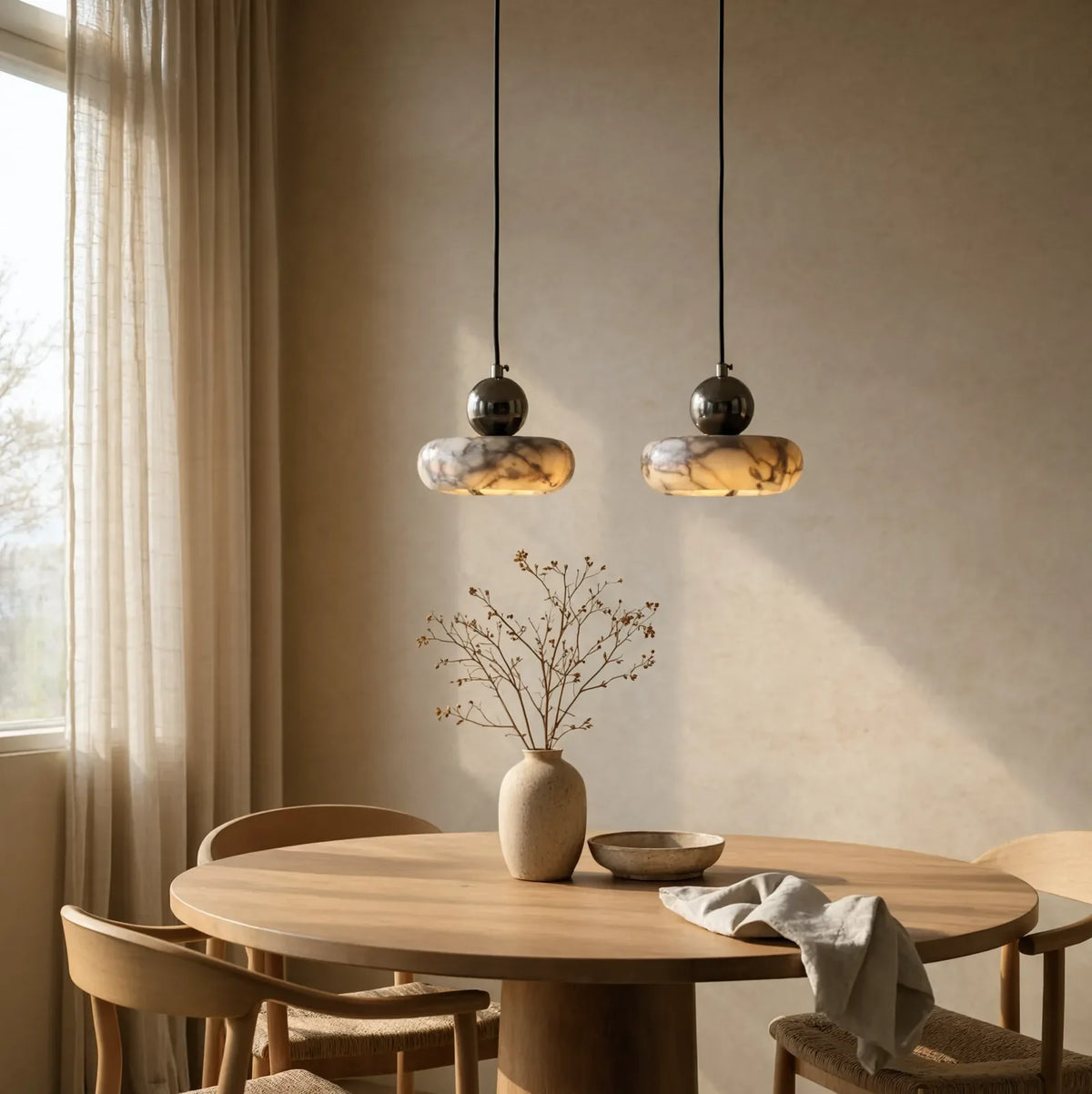 Métaponte marble pebble pendant light – shown in a dining room