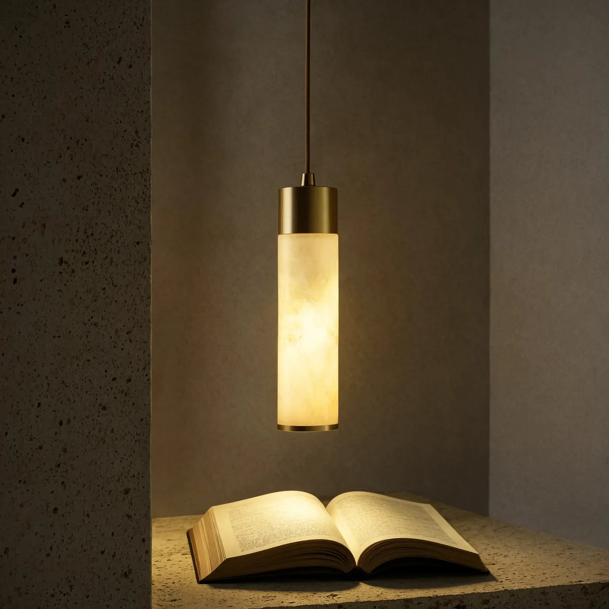 Gela honey marble and brushed brass pendant light – shown in a room setting