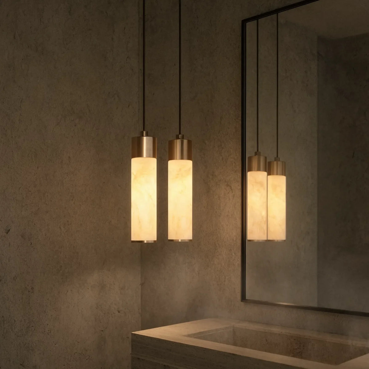 Gela honey marble and brushed brass pendant light – shown in a bathroom