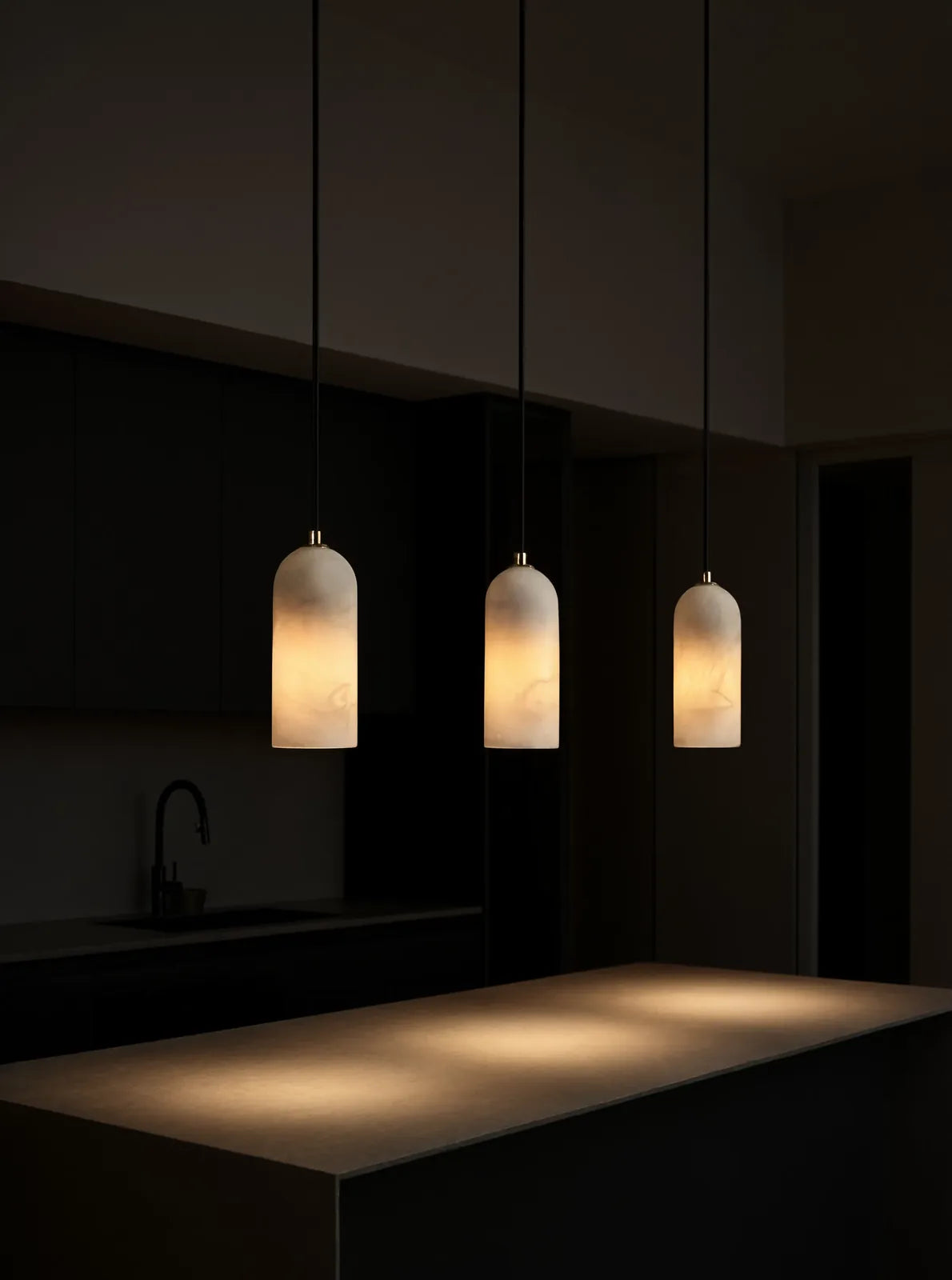 Tarente translucent marble pendant light with brushed brass canopy – shown in a kitchen (2)