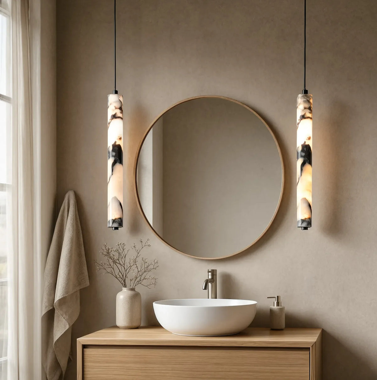 Sélinonte slim marble tube pendant light – shown in a bathroom