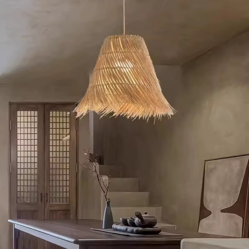 Modern straw pendant light with woven arches radiating around the diffuser