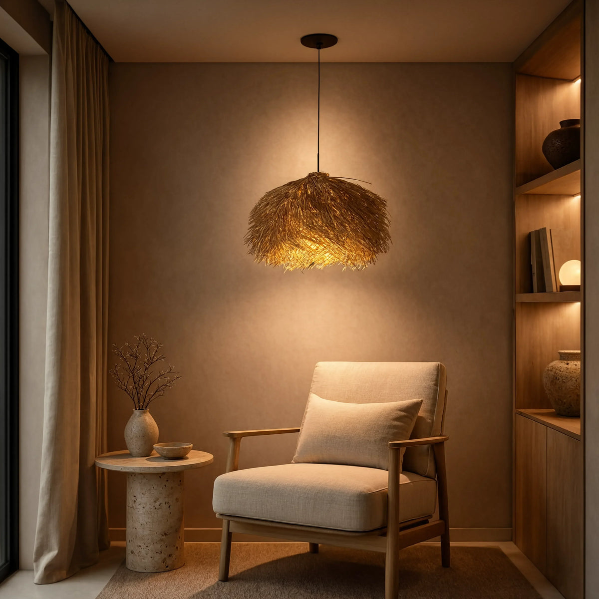 Chios thatched rattan fringe pendant light – shown in a room setting