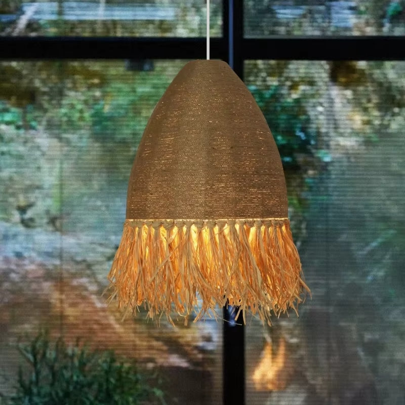 Retro round woven pendant light in beige and brown tones – shown in a room setting