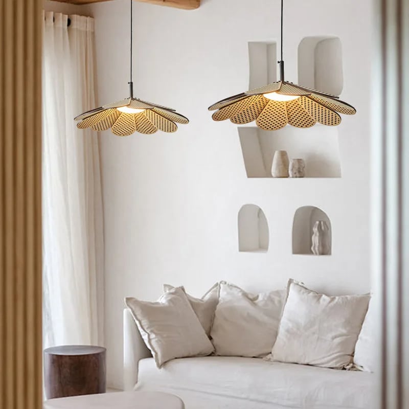 Korean-style beige handwoven rattan petal LED pendant light – shown in a room setting
