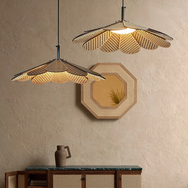 Korean-style beige handwoven rattan petal LED pendant light – shown in a room setting (2)