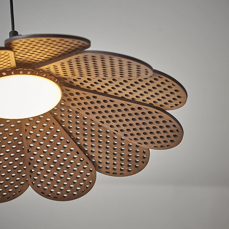 Korean-style light wood petal LED pendant light around a metal ring – close-up detail