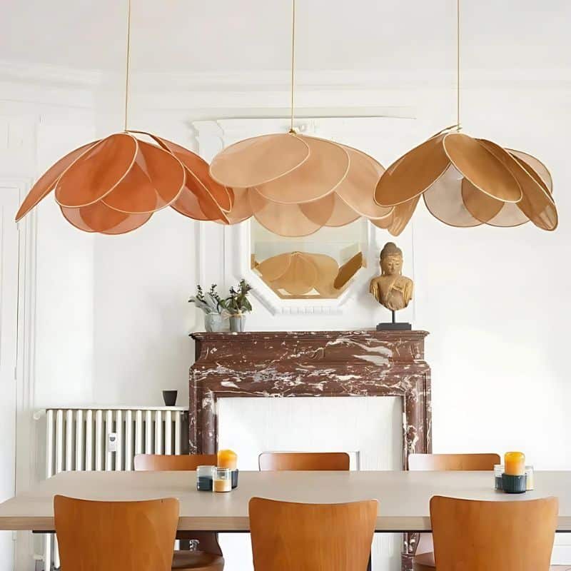 Rattan-look fabric petal pendant light with wide flared petals – shown in a room setting (2)
