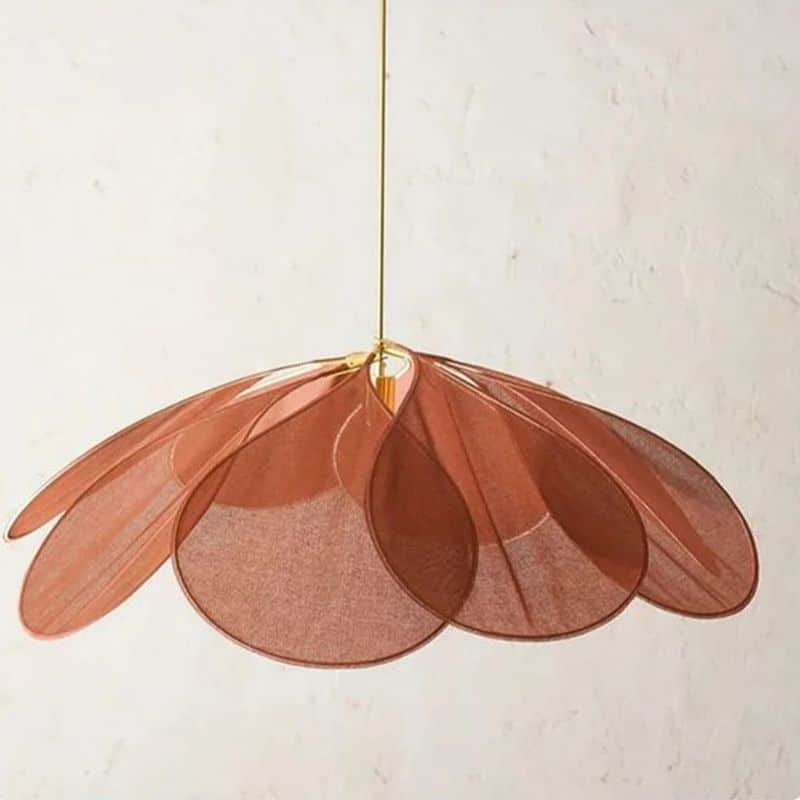 Rattan-look fabric petal pendant light with wide flared petals – another view