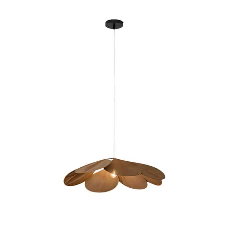 Rattan-look fabric petal pendant light with wide flared petals – brown variant