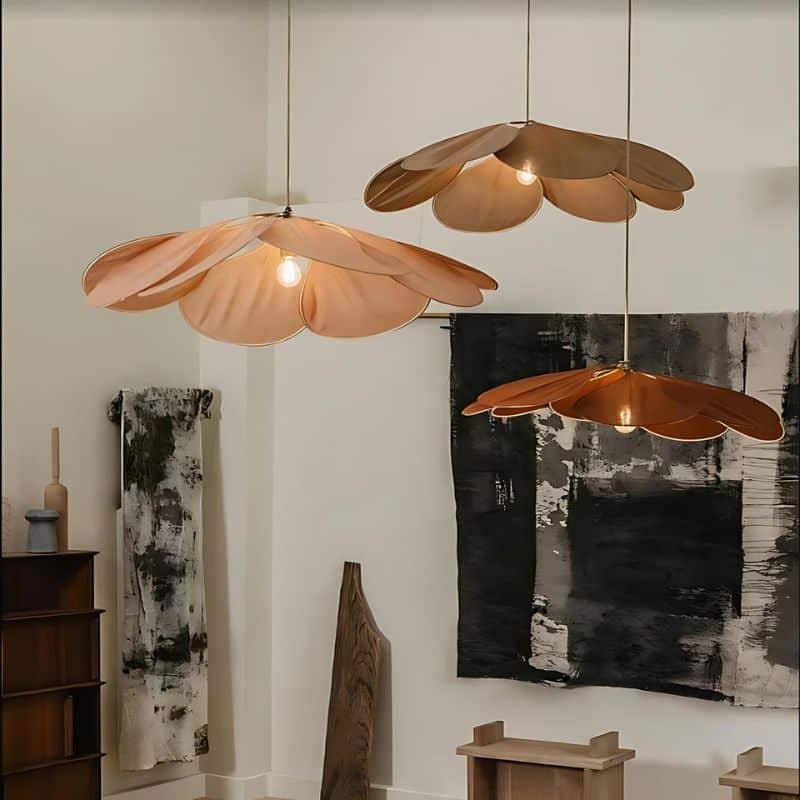 Rattan-look fabric petal pendant light with wide flared petals – shown in a room setting (5)