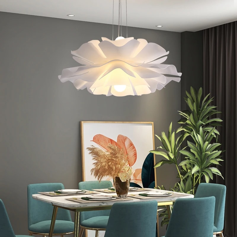 Nordic acrylic petal pendant light with curved slats – shown in a room setting (2)