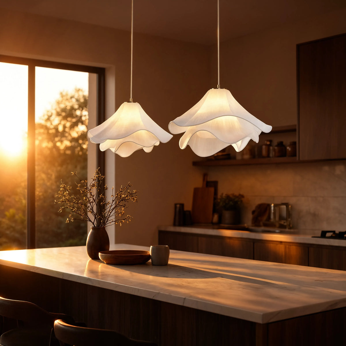 Oia white fabric petal pendant light – shown in a kitchen