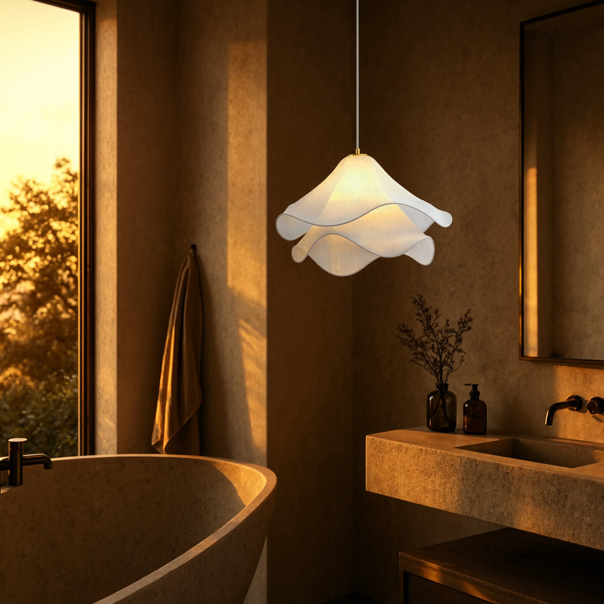 Oia white fabric petal pendant light – shown in a bathroom (2)